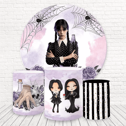 Thème du mercredi Addams pour anniversaire d'enfants, toile de fond ronde et fête cylindrique