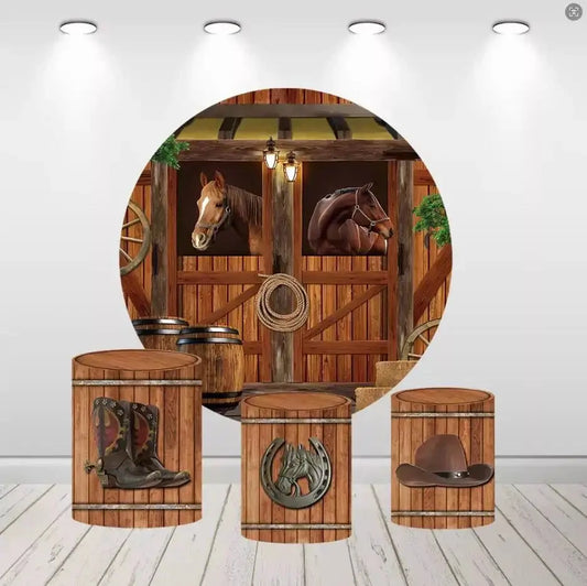Couvertures rondes de cylindre de toile de fond de pays de cheval de cowboy occidental