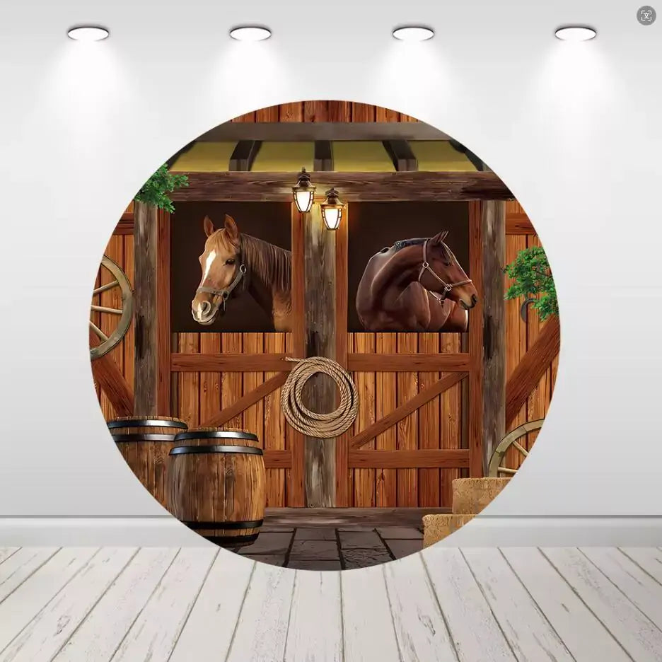Couvertures rondes de cylindre de toile de fond de pays de cheval de cowboy occidental