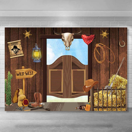 Telón de fondo para fiesta del Salvaje Oeste, cartel de cumpleaños de madera Rural Vintage rústico, Sheriff vaquero occidental