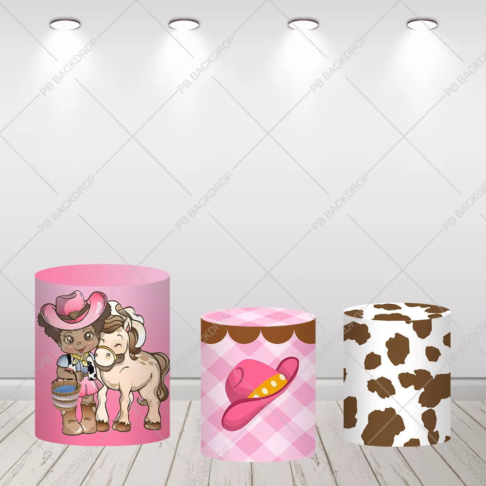 Western Pink Cowgirl Baby Shower Birthday Round Backdrop Cylinder Set