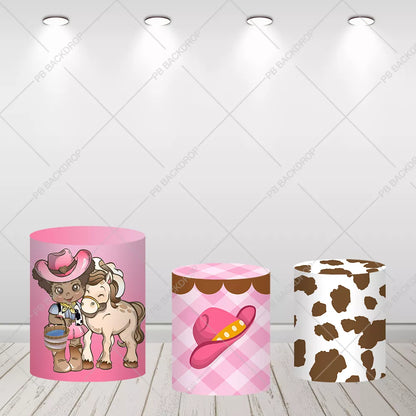 Western Pink Cowgirl Baby Shower Birthday Round Backdrop Cylinder Set