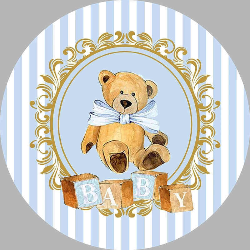 Urso listrado azul branco menino chá de bebê redondo pano de fundo festa