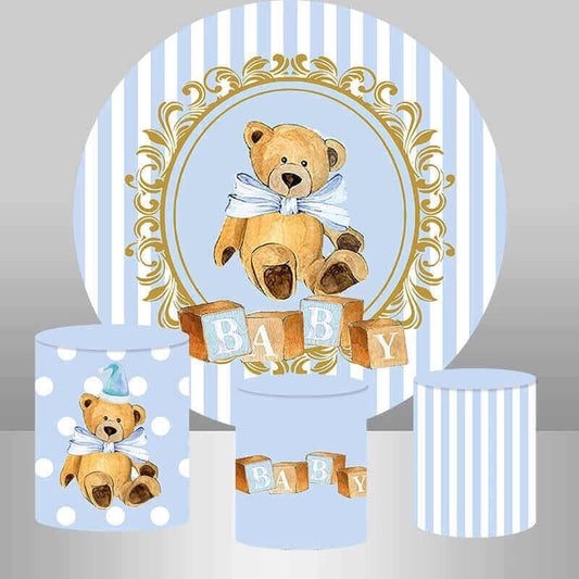 White Blue Striped Bear Boy Baby Shower Round Backdrop Cover Party