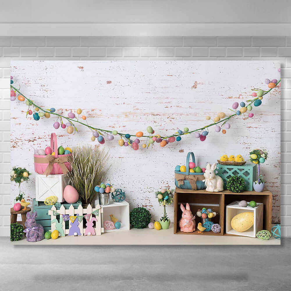 White Brick Wall Spring Easter Photography Backdrops Eggs Bunny Decor Photo Props Studio Background