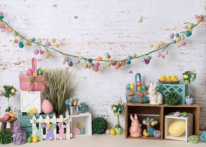 White Brick Wall Spring Easter Photography Backdrops Eggs Bunny Decor Photo Props Studio Background