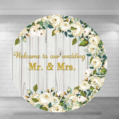 Містер і місіс весілля, кругла обкладинка, ласкаво просимо на наше весілля, біла троянда, квітковий дерев’яний фотофон, наречена та наречена заручені