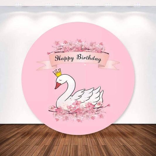 Cigno bianco e festa floreale rosa con sfondo rotondo di buon compleanno