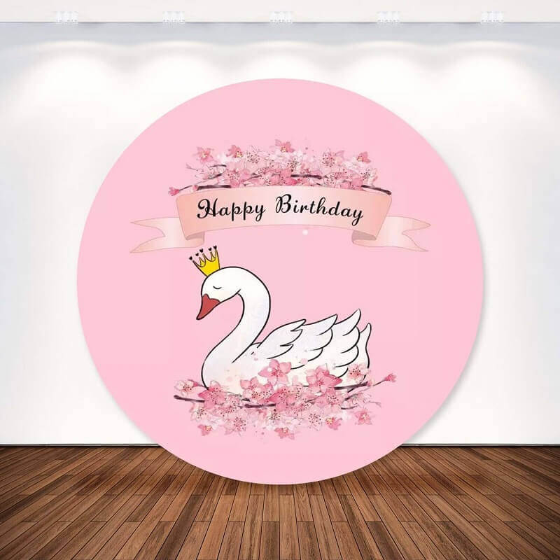Festa redonda de feliz aniversário com cisne branco e floral rosa