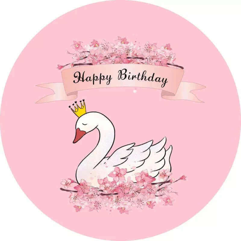 Bijeli labud i ružičasti cvjetni sretan rođendan s okruglom pozadinom