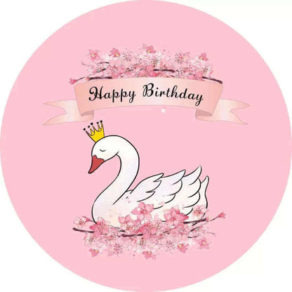 Festa redonda de feliz aniversário com cisne branco e floral rosa