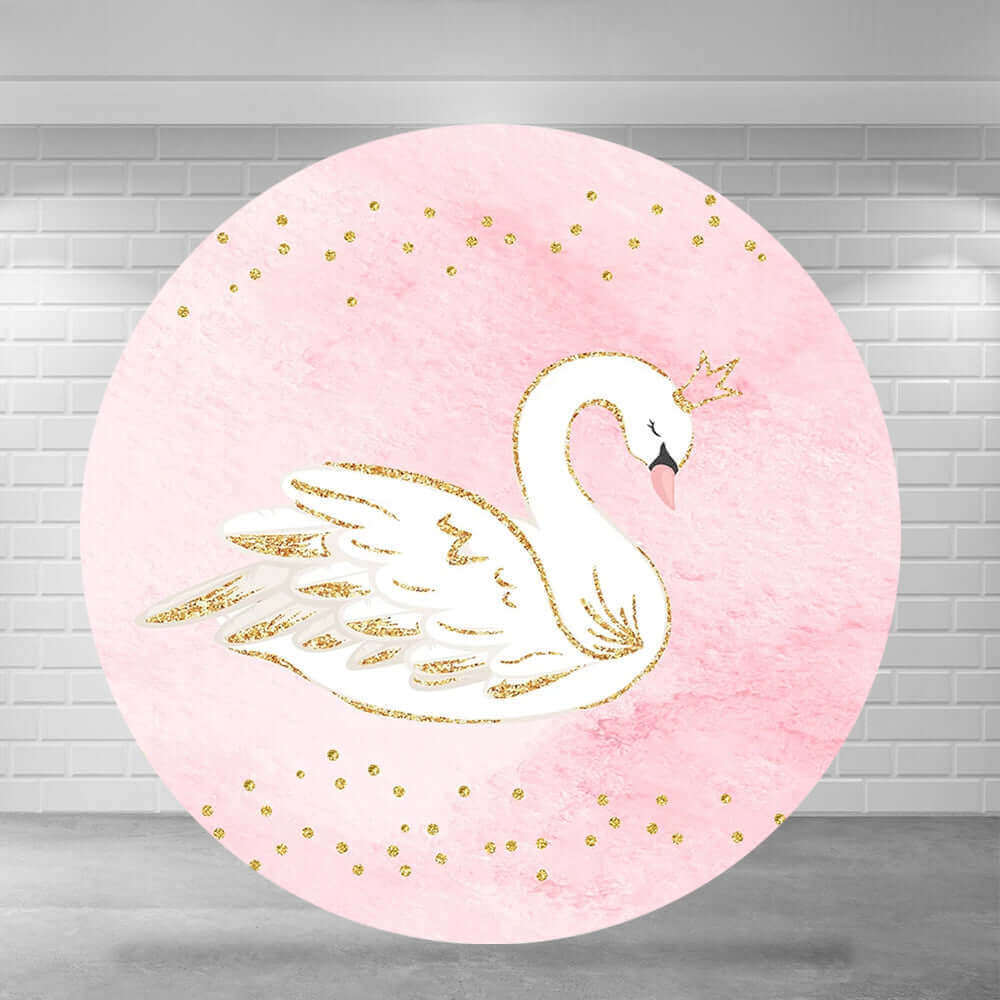Bijeli labud, ružičasta zlatna kruna, okrugla pozadina za rođendansku zabavu za djevojčice