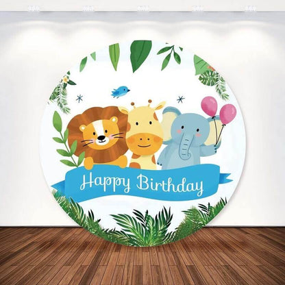 Wilde dieren Leeuw Olifant Happy Birthday Ronde Achtergrond Cover Party