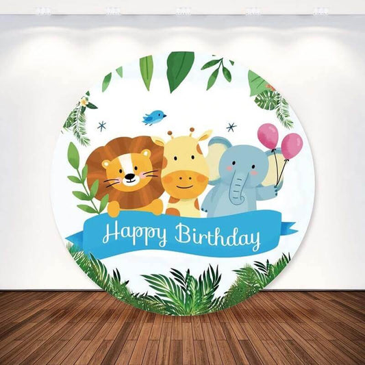 Wild Animals Lion Elephant Happy Birthday Round Backdrop Cover Party
