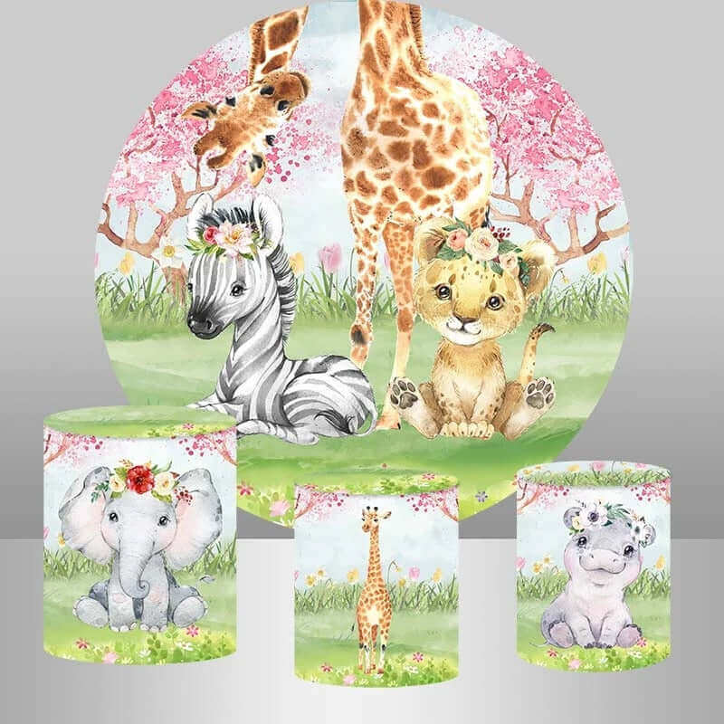 Wild Animals Round Backdrop Cover and Cylinder Cover for Party Decor