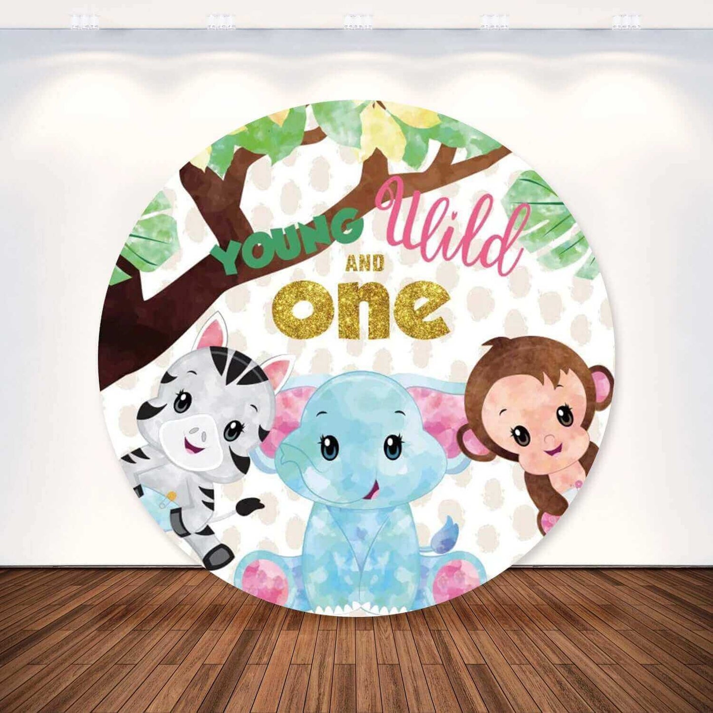 Wild One Animals Baby Shower Kids 1e verjaardag Ronde Achtergrond Cover