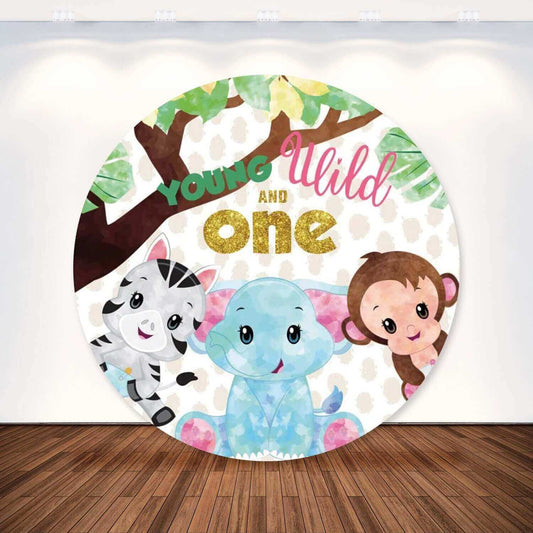 Toile de fond ronde avec animaux sauvages, couverture de fête prénatale pour enfants, 1er anniversaire