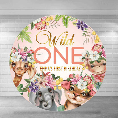 Wild One Flowers Jungle Animals Kindergeburtstag, runder Hintergrund für Party