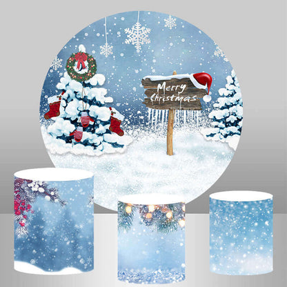 Winter Snow Christmas Day Round Backdrop Cylinder Covers Party