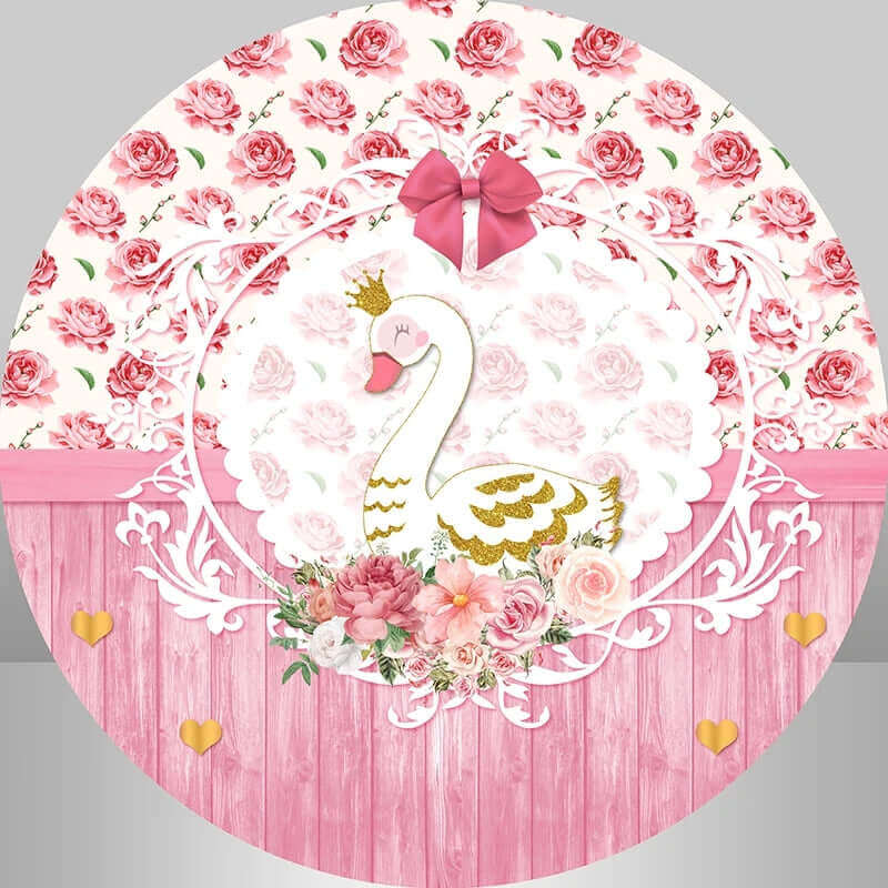 Wood Pink Flowers Swan Girl Baby Shower Round Backdrop Cylinder Cover Party