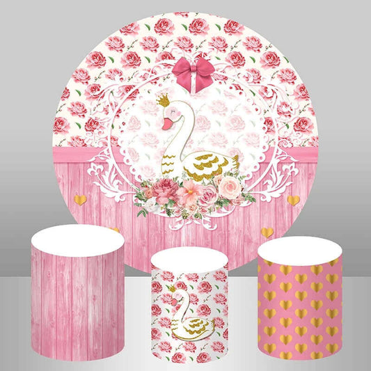 Wood Pink Flowers Swan Girl Baby Shower Round Backdrop Cylinder Cover Party