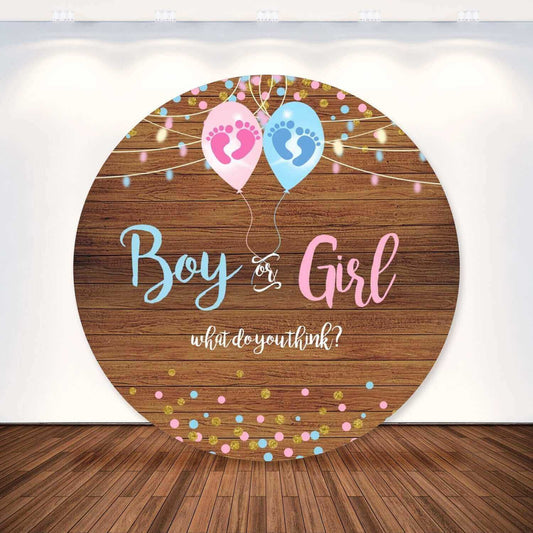 Ξύλινα μοτίβα μπαλόνια αγόρι ή κορίτσι που αποκαλύπτουν το φύλο στρογγυλό σκηνικό