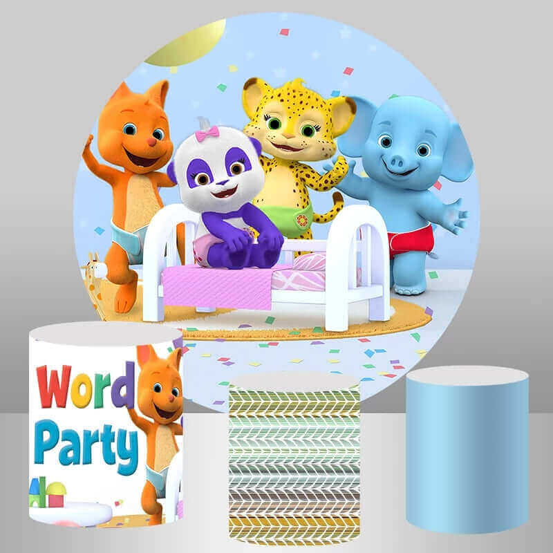 Word Party Theme Round Backdrop for Baby Shower Kids 1st Birthday