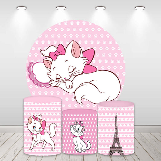 Pink Marie Cat Girls Birthday Round Circle Backdrop Baby Shower Cylinder Covers