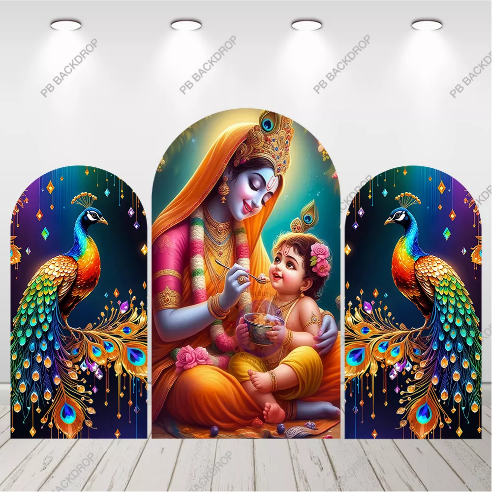 Yashoda Baby Krishna Janmashtami Arch Backdrop Peacock Hindu Festival Decor