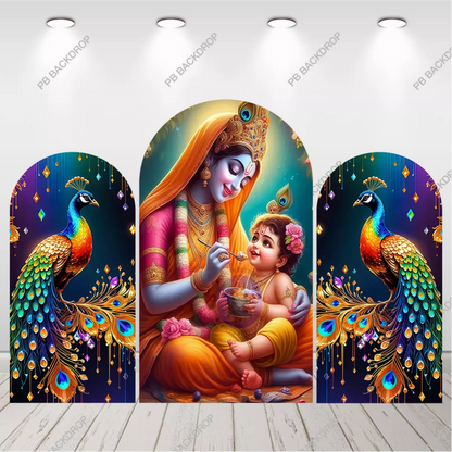 Yashoda Baby Krishna Janmashtami Arch Backdrop Peacock Hindu Festival Decor