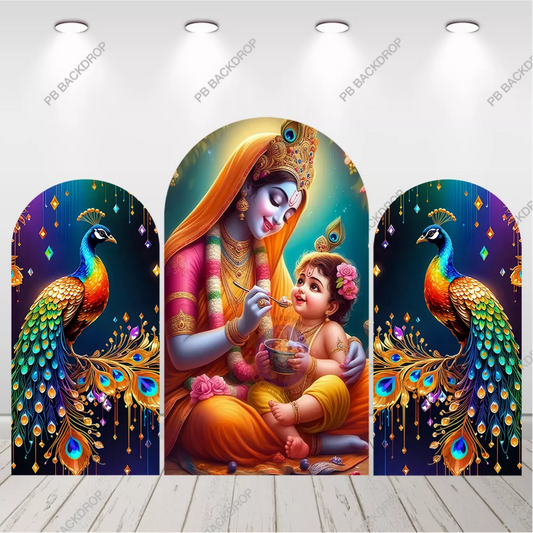 Yashoda Baby Krishna Janmashtami Arch Backdrop Peacock Hindu Festival Decor