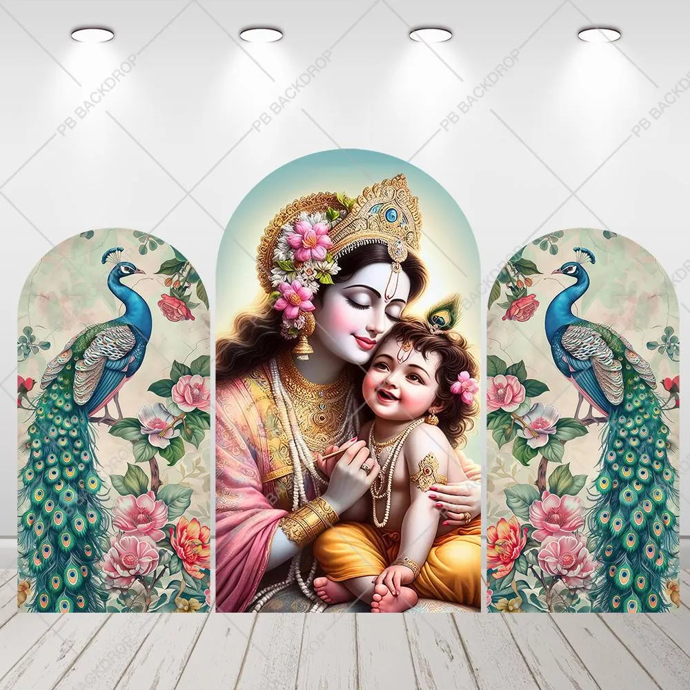 Yashoda Baby Krishna Peacock Arch Backdrop Janmashtami Pooja Hindu Festival Decor