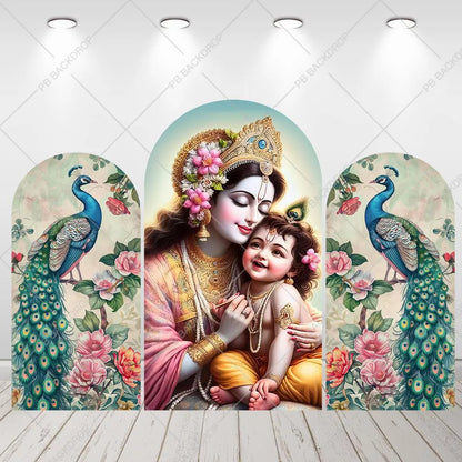 Yashoda Baby Krishna Peacock Arch Backdrop Janmashtami Pooja Hindu Festival Decor