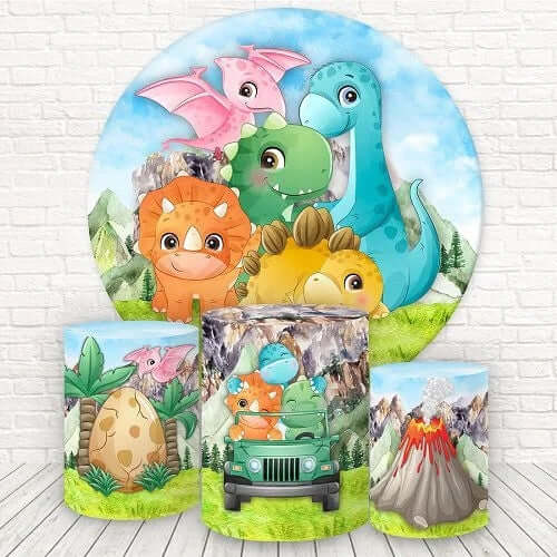 Dinosaurier Kinder 1. Geburtstag Party Babyparty Runde Hintergrund Zylinderabdeckungen