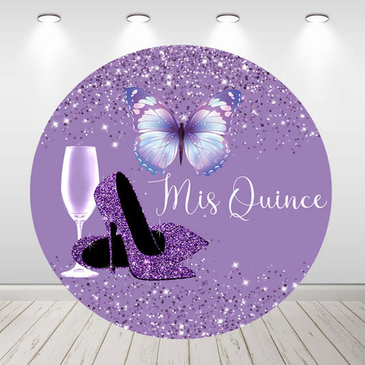 Purple Glitter Heels Circle Background Woman Birthday Round Backdrop