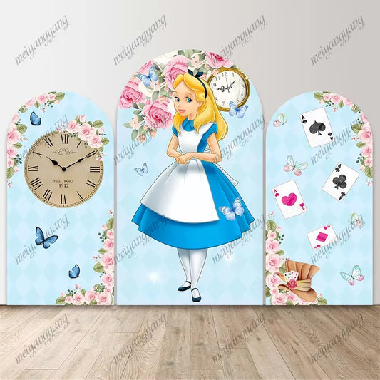 Alice in Wonderland Arched Cover Backdrop for Girl Birthday Tea Party Clock Flower Blue Background