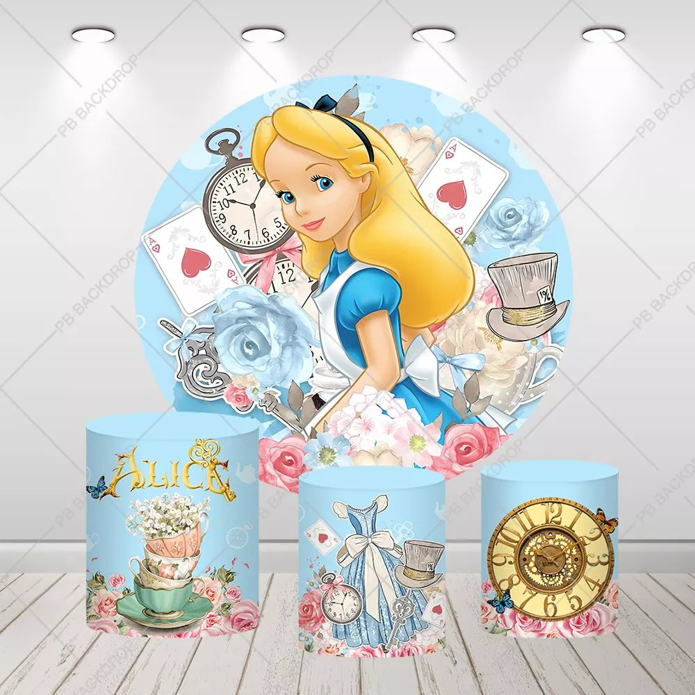 Alice in Wonderland Round Backdrop Floral Tea Party Clock Girl Birthday Party Photo Background