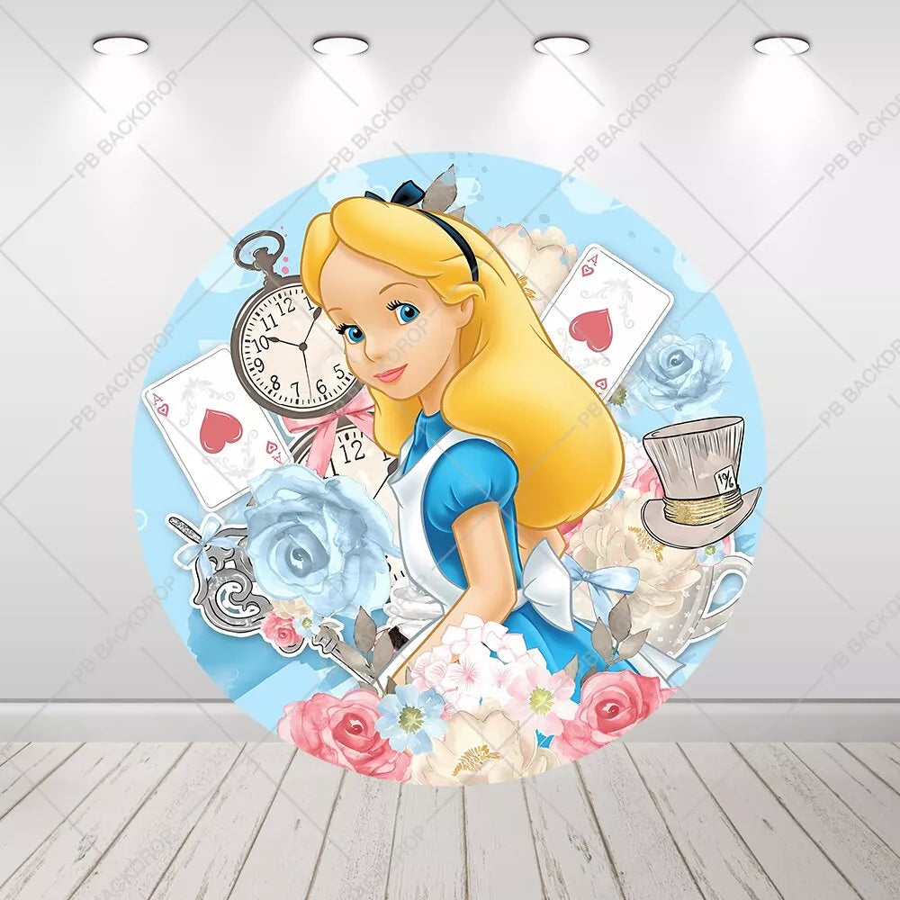 Alice in Wonderland Round Backdrop Floral Tea Party Clock Girl Birthday Party Photo Background