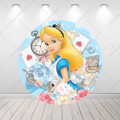 Alice in Wonderland Round Backdrop Floral Tea Party Clock Girl Birthday Party Photo Background