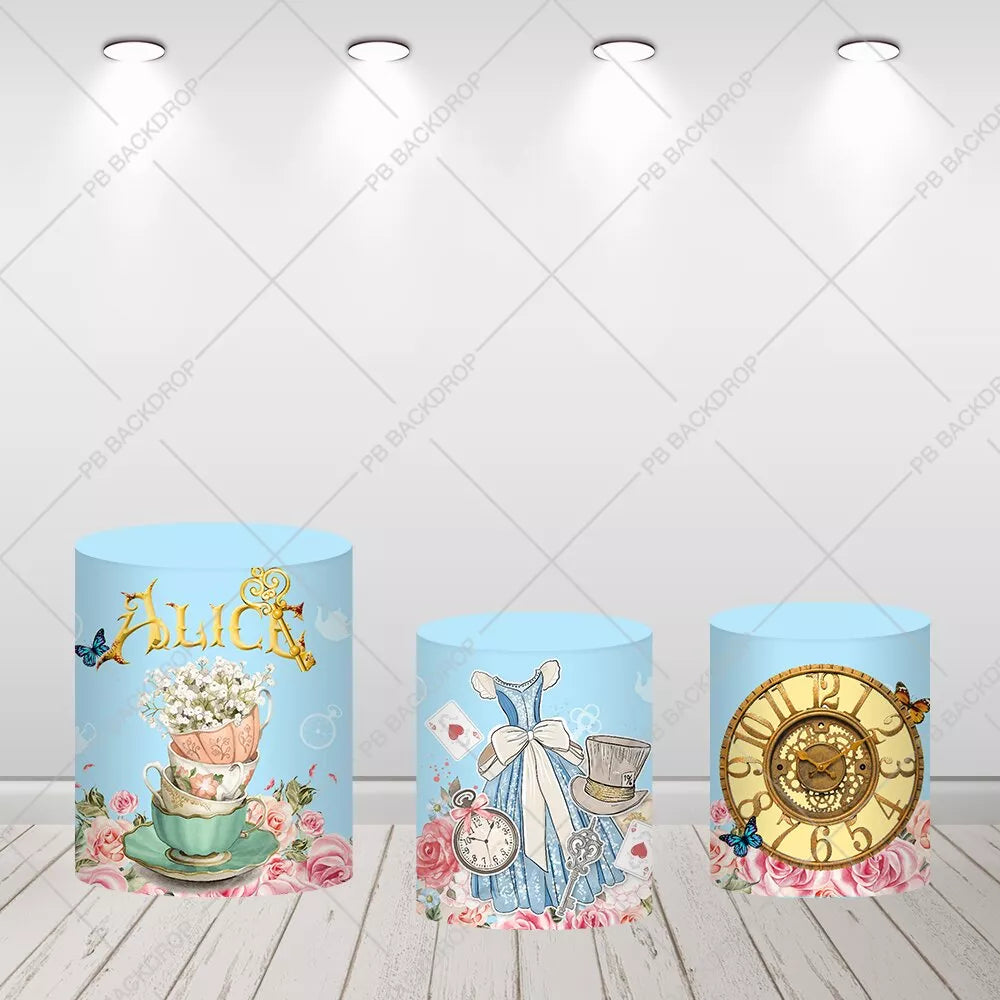 Alice in Wonderland Round Backdrop Floral Tea Party Clock Girl Birthday Party Photo Background