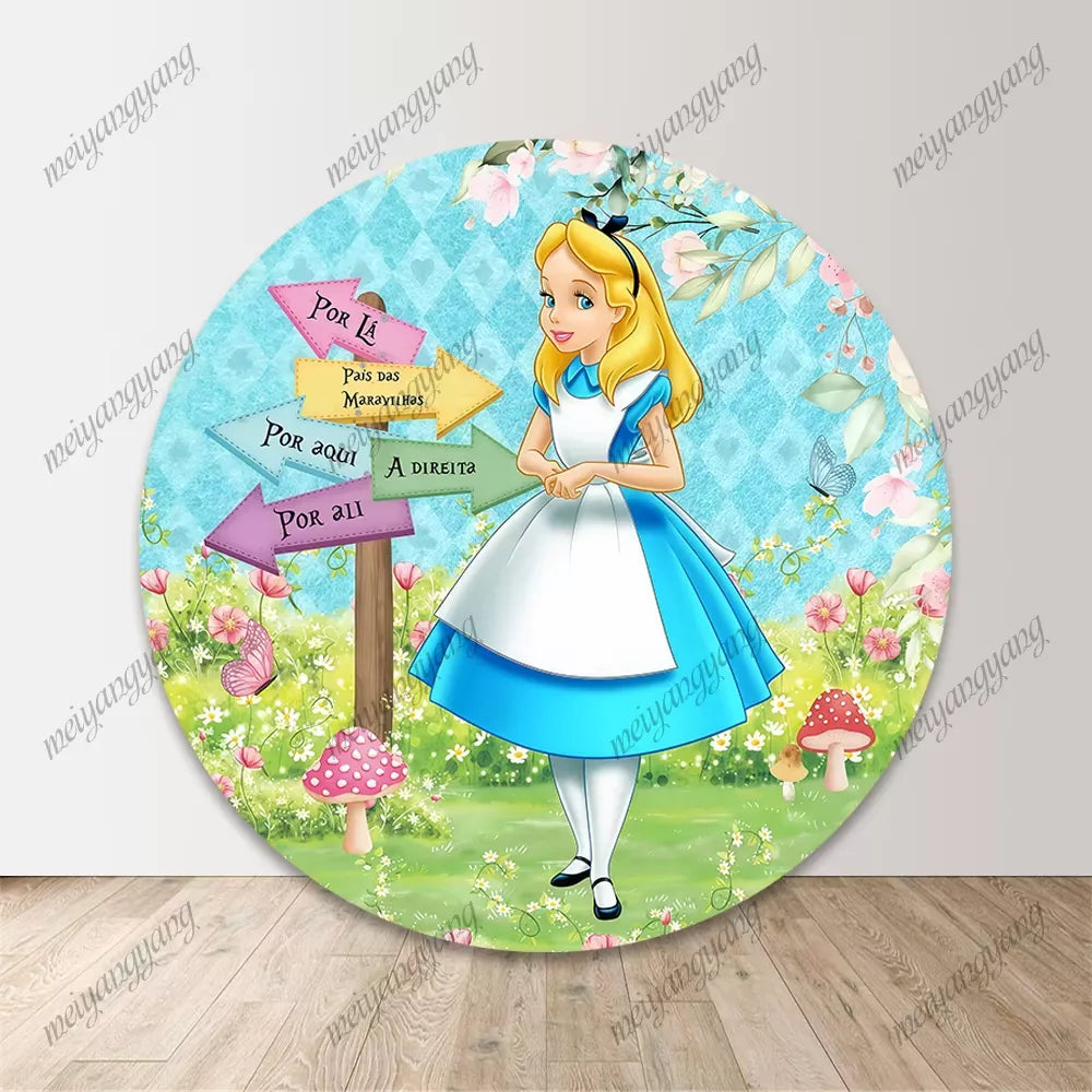 Alice in Wonderland Round Photo Backdrop Baby Shower Decor Girls Birthday Party Circle Covers