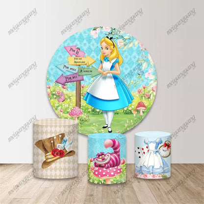 Alice in Wonderland Round Photo Backdrop Baby Shower Decor Girls Birthday Party Circle Covers