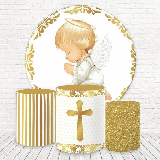 Angel Gold Glitter Baby Shower Baptism Round Backdrop Cover Party