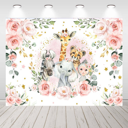 Safari Animals Pink Flowers Girls Birthday Backdrop Baby Shower Studio Background