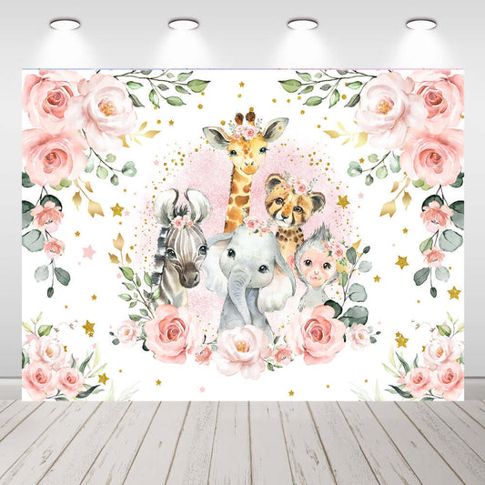 Safari animaux fleurs roses filles anniversaire toile de fond bébé douche Studio fond fête