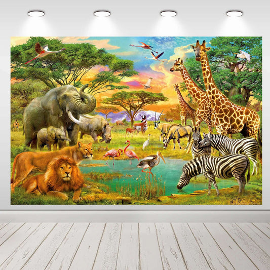 Fondo de fotografía de animales de la selva, fondo fotográfico de fiesta escénica de Safari en el bosque africano