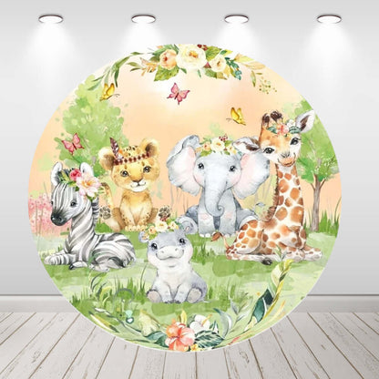 Safari Jungle Animals Kids 1st Birthday Round Circle Backdrop