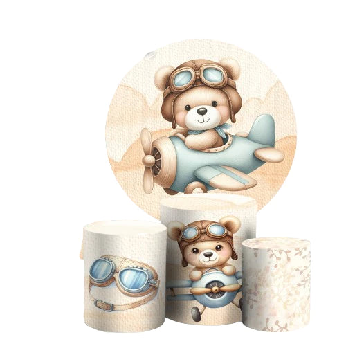 Aviator Bear Baby Boy Birthday Round Backdrop