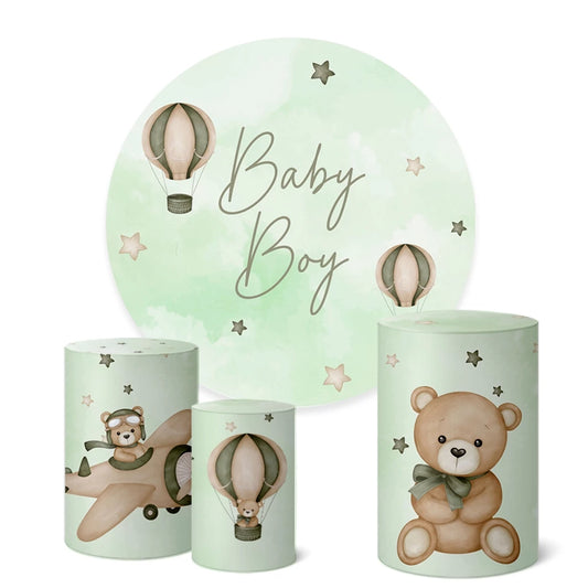 Baby Boy Bear Birthday Party Round Backdrop