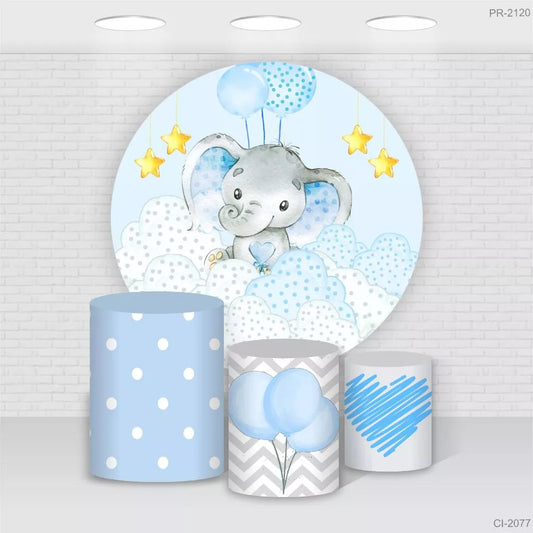 Baby Elephant Blue Birthday Round Backdrop
